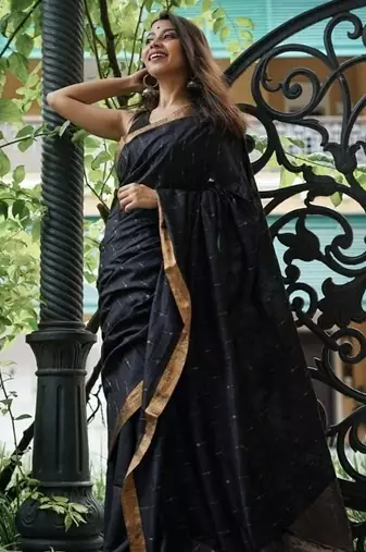 Black green linen jacuard work festival saree with unstitched blouse piece