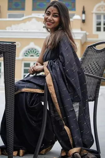 Black green linen jacuard work festival saree with unstitched blouse piece