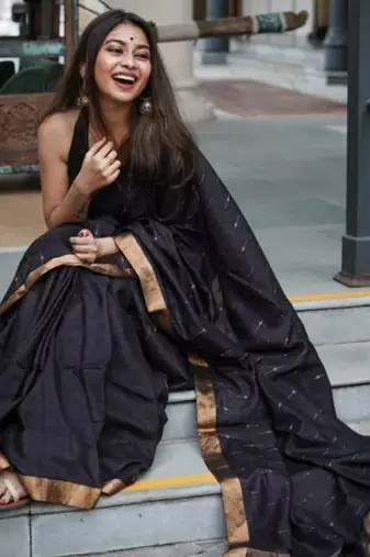 Black green linen jacuard work festival saree with unstitched blouse piece