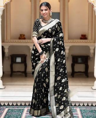 Black silk blend jacuard work festival saree with unstitched blouse piece 1