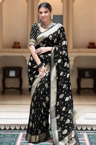 Black silk blend jacuard work festival saree with unstitched blouse piece