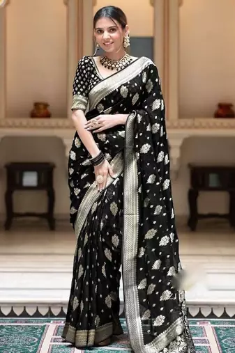 Black silk blend jacuard work festival saree with unstitched blouse piece