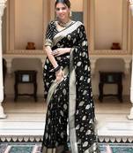 Black silk blend jacuard work festival saree with unstitched blouse piece