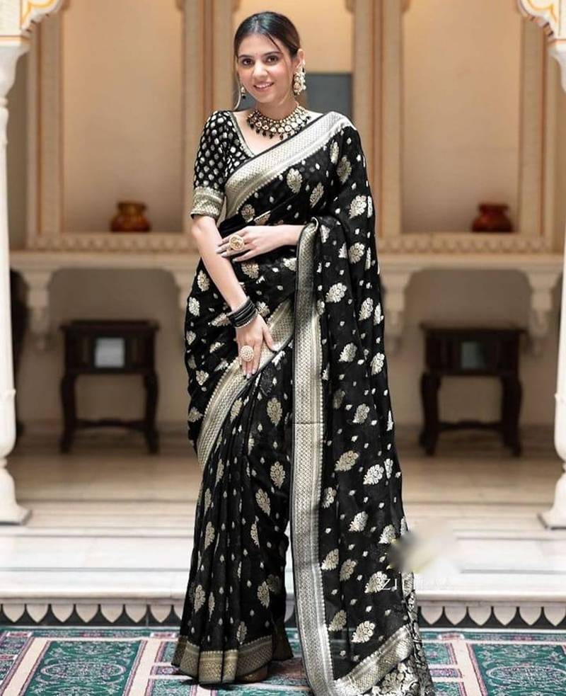 Black silk blend jacuard work festival saree with unstitched blouse piece