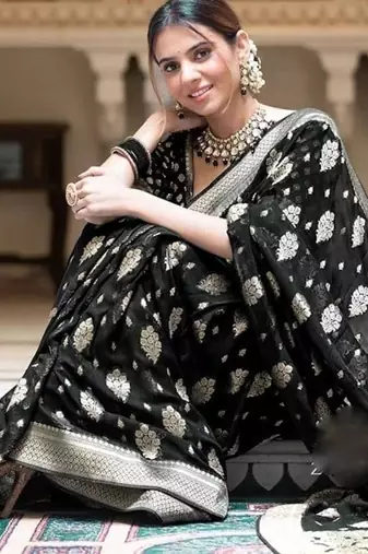 Black silk blend jacuard work festival saree with unstitched blouse piece