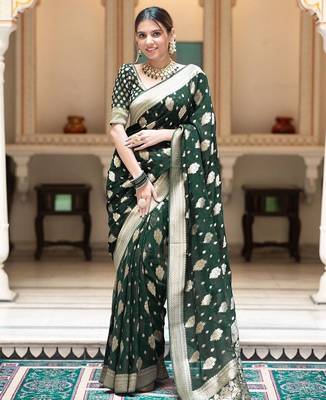 Green silk blend jacuard work festival saree with unstitched blouse piece 1