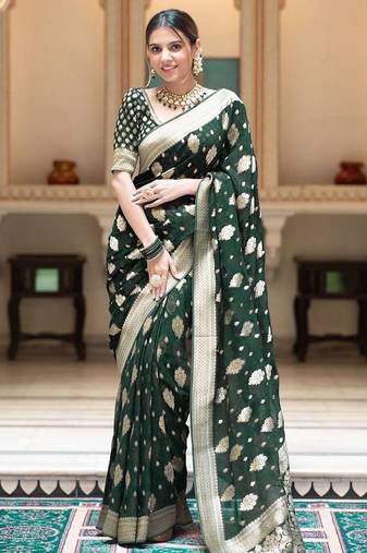 Green silk blend jacuard work festival saree with unstitched blouse piece