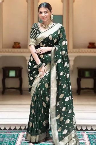 Green silk blend jacuard work festival saree with unstitched blouse piece