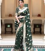 Green silk blend jacuard work festival saree with unstitched blouse piece