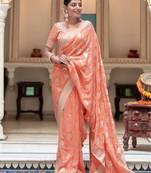 Peach silk blend jacuard work festival saree with unstitched blouse piece