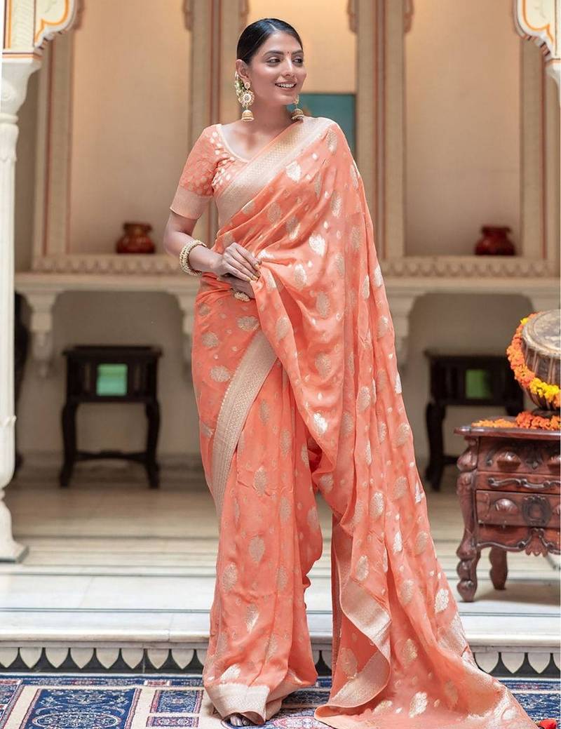 Peach silk blend jacuard work festival saree with unstitched blouse piece