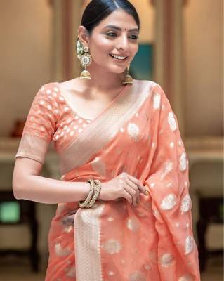 Peach silk blend jacuard work festival saree with unstitched blouse piece 2