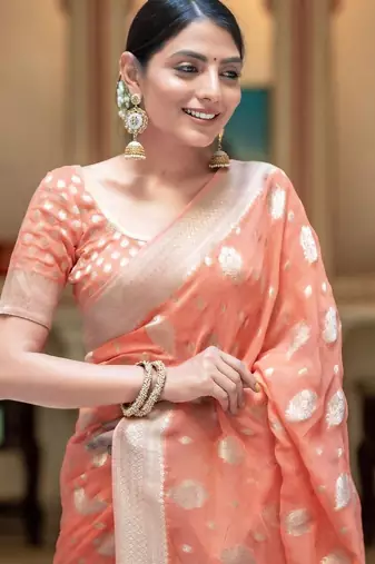 Peach silk blend jacuard work festival saree with unstitched blouse piece