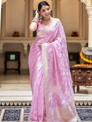 Pink silk blend jacuard work festival saree with unstitched blouse piece 1