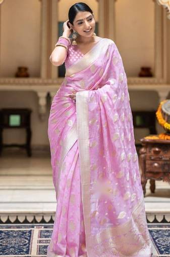 Pink silk blend jacuard work festival saree with unstitched blouse piece