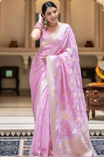 Pink silk blend jacuard work festival saree with unstitched blouse piece