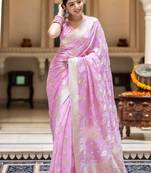 Pink silk blend jacuard work festival saree with unstitched blouse piece