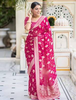 Rani pink silk blend jacuard work festival saree with unstitched blouse piece 1