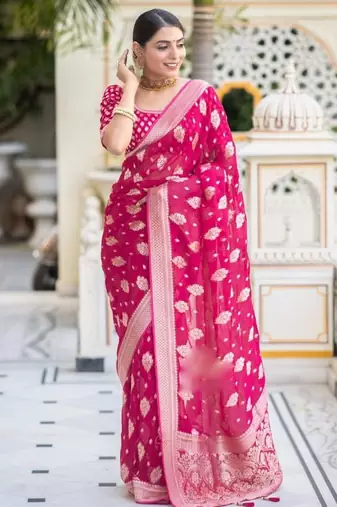 Rani pink silk blend jacuard work festival saree with unstitched blouse piece