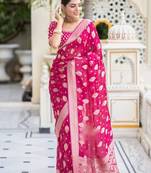 Rani pink silk blend jacuard work festival saree with unstitched blouse piece