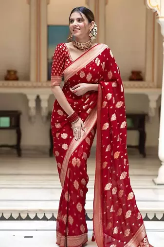 Red silk blend jacuard work festival saree with unstitched blouse piece