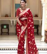 Red silk blend jacuard work festival saree with unstitched blouse piece
