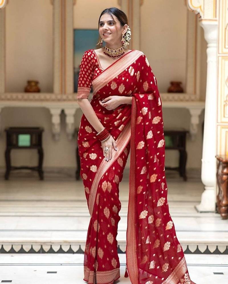 Red silk blend jacuard work festival saree with unstitched blouse piece