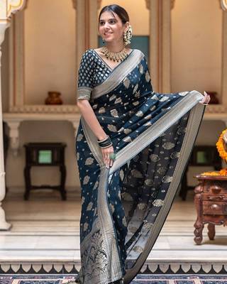 Turquoise silk blend jacuard work festival saree with unstitched blouse piece 1