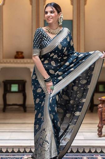 Turquoise silk blend jacuard work festival saree with unstitched blouse piece
