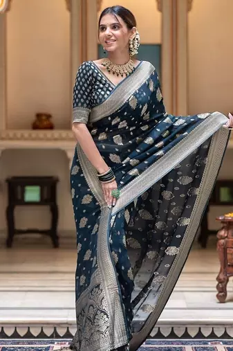 Turquoise silk blend jacuard work festival saree with unstitched blouse piece