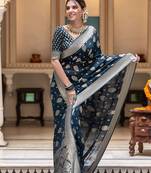 Turquoise silk blend jacuard work festival saree with unstitched blouse piece