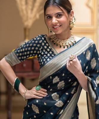 Turquoise silk blend jacuard work festival saree with unstitched blouse piece 2