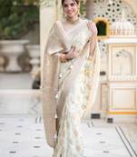 White silk blend jacuard work festival saree with unstitched blouse piece