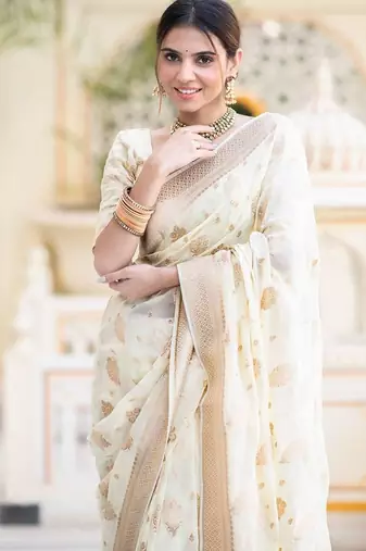 White silk blend jacuard work festival saree with unstitched blouse piece