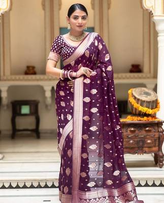 Wine silk blend jacuard work festival saree with unstitched blouse piece 1