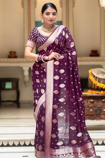 Wine silk blend jacuard work festival saree with unstitched blouse piece