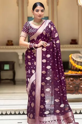 Wine silk blend jacuard work festival saree with unstitched blouse piece