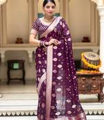 Wine silk blend jacuard work festival saree with unstitched blouse piece