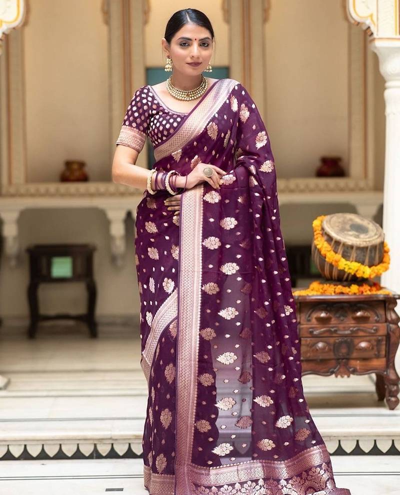 Wine silk blend jacuard work festival saree with unstitched blouse piece