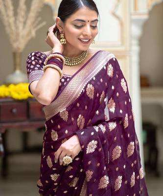 Wine silk blend jacuard work festival saree with unstitched blouse piece 2