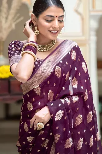 Wine silk blend jacuard work festival saree with unstitched blouse piece
