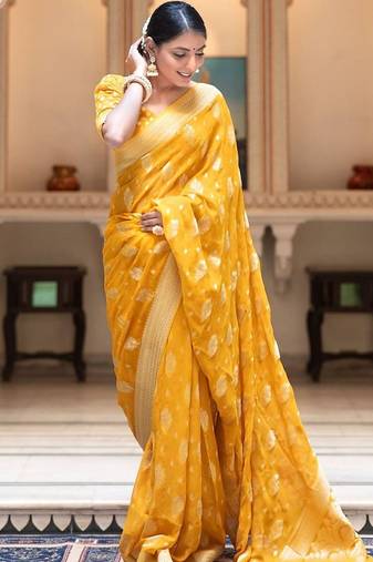 Yellow silk blend jacuard work festival saree with unstitched blouse piece