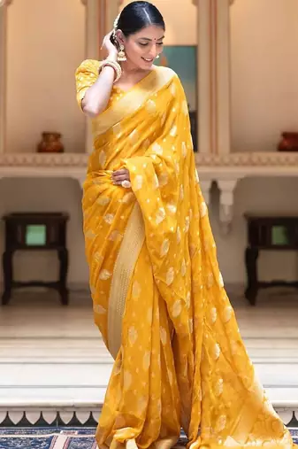Yellow silk blend jacuard work festival saree with unstitched blouse piece