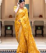 Yellow silk blend jacuard work festival saree with unstitched blouse piece