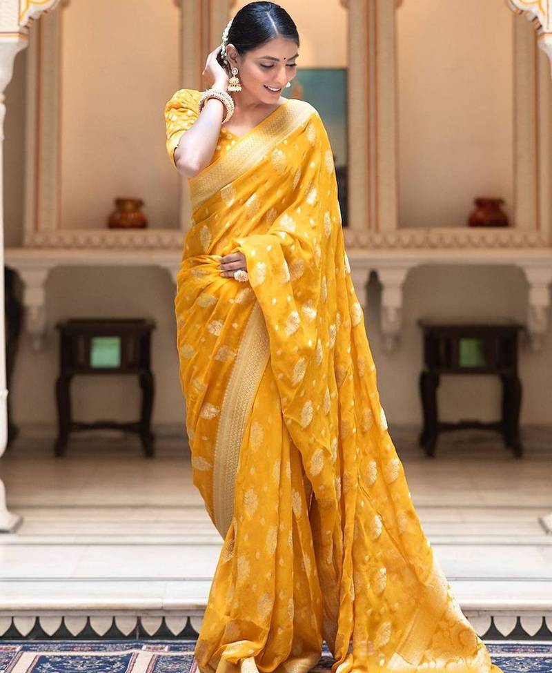 Yellow silk blend jacuard work festival saree with unstitched blouse piece
