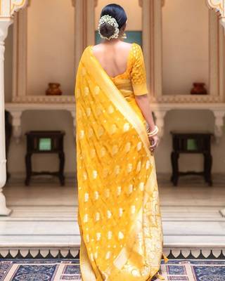 Yellow silk blend jacuard work festival saree with unstitched blouse piece 2