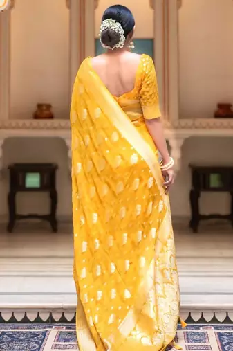 Yellow silk blend jacuard work festival saree with unstitched blouse piece