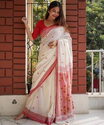 White red silk blend jacuard work festival saree with unstitched blouse piece 1