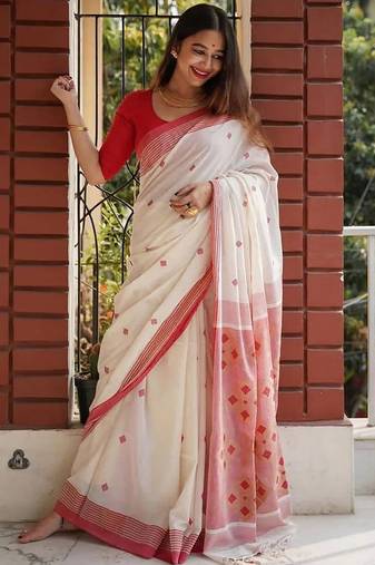 White red silk blend jacuard work festival saree with unstitched blouse piece