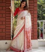 White red silk blend jacuard work festival saree with unstitched blouse piece